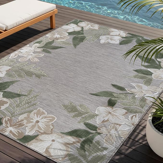 Outdoor Rug 8x10 Washable Area Rugs Indoor Outdoor Carpets Green Border Floral Non Shedding Waterproof Easy Clean Patio Deck Porch Living Room Bedroom Garden RV (8 X 10 Green)