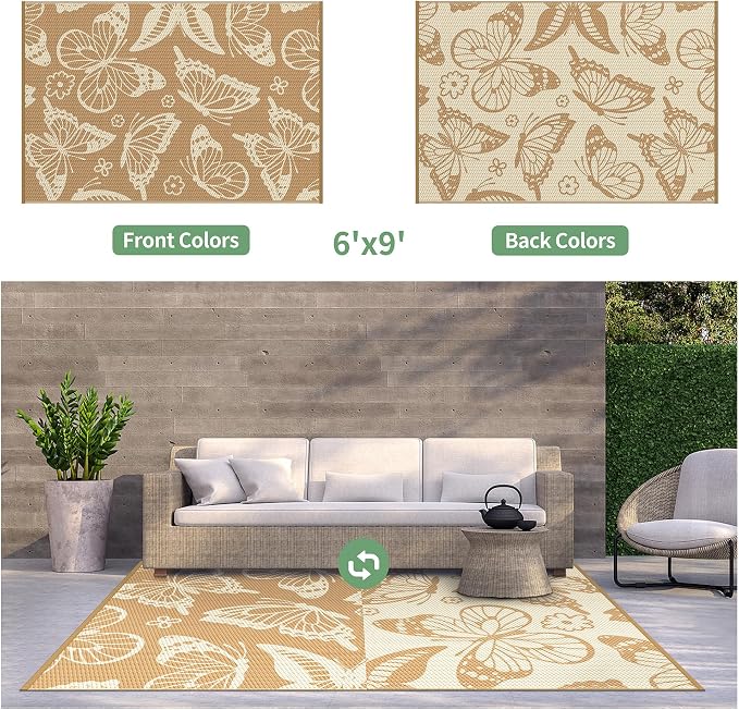 GENIMO Outdoor Rug 6' x 9' Waterproof for Patio Clearance, Reversible Plastic Straw Camping Carpet, Lightweight Mats for Rv, Camper, Deck, Porch, Picnic, Beach, Balcony,Light Brown & Beige