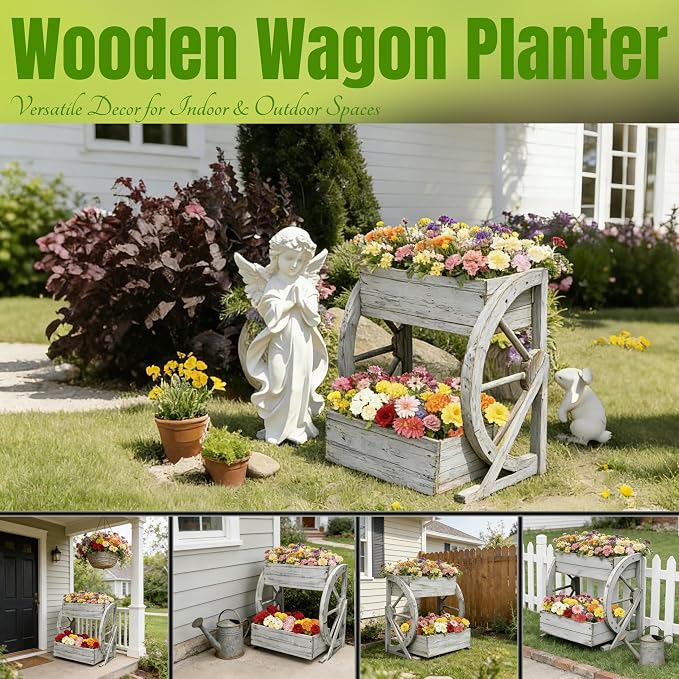2 Tier Medium Wooden Wagon Planter Box|Outdoor Planter/Flower Pot for Indoor&Outdoor Plants-Rustic Garden Planter for Patio,Porch&Garden Decor-Raised Garden Bed for Succulents,Herbs,Vegetables