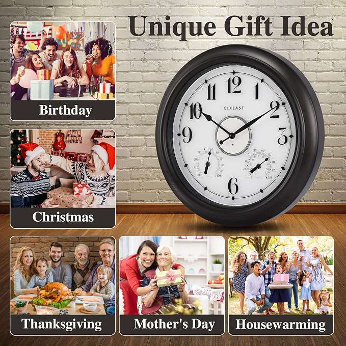 CLXEAST Illuminated Indoor Outdoor Clocks Waterproof 18 inch with Smart Night Light Sensor,Large Wall Clock with Thermometer & Hygrometer,Oil Rubbed Bronze Black