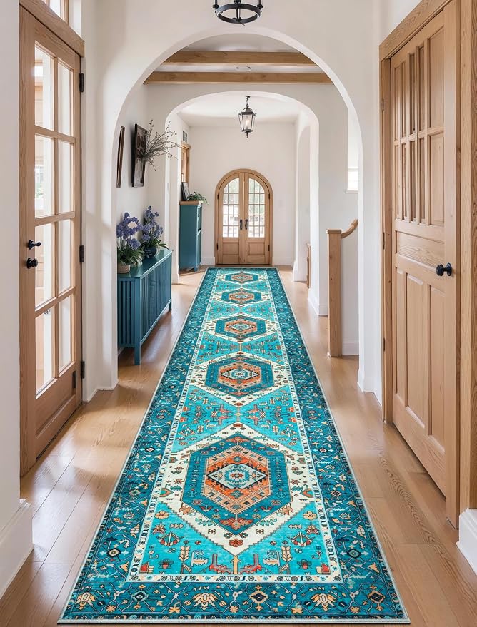SERISSA 2'6"x16' Washable Non Slip Boho Runner Rug for Hallway，Blue | Ultra Soft Vintage Oriental Carpet Low-Pile Tribal Floor Carpet for Kitchen Bedroom Entryway Bathroom Laundry Room