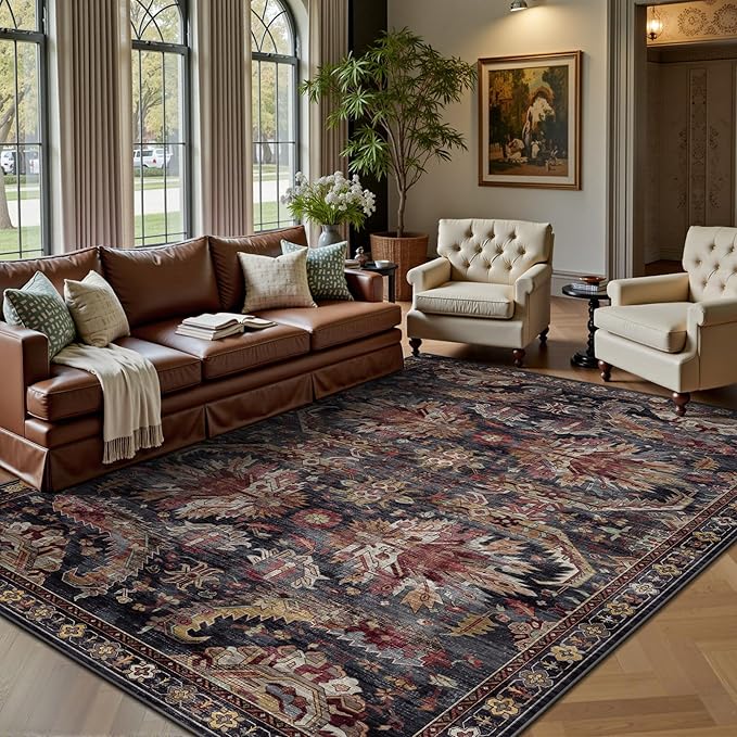 5x7 Area Rugs, Vintage Retro Soft Washable Rug, Non-Slip Low Pile Rugs for Living Room, Bedroom, Dining Room, Stain Resistant Home Decor Rug (Retro Red)