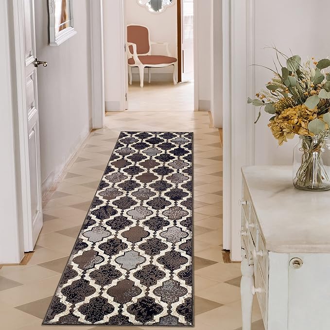 Superior Indoor Runner Rugs, Modern Area Rug, 2'7"x12', A Chocolate | Geometric Design Floor Décor, Easy Care High Traffic Areas Living Dining Room, Bedroom, Office, Entryway, Viking Collection