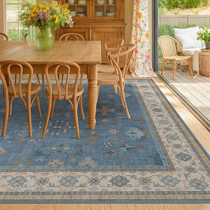 Boho 7x10 Accent Area Rugs for Living Room - Dusky Blue Rug for Bedroom Under Bed, Dining Room Under Kitchen Table, Washable Soft Non Slip Unique Colorful Indoor Décor