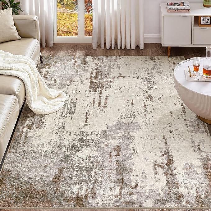 UERMEI 8x10 Area Rug Living Room Rugs - Washable Neutral Modern Abstract Soft Thin Large Rug Indoor Floor Non Slip Rug Carpet for Bedroom Under Dining Table Home Office Decor - Brown/Grey/Beige