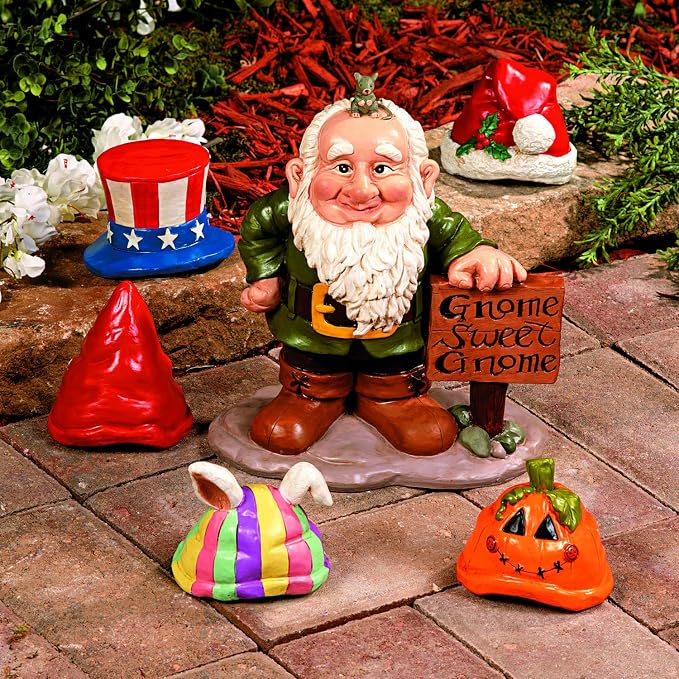 Fun Express Garden Gnomes Outdoor Statue | 5 Interchangeable Seasonal Hats, Resin Gnome Figurines, Yard Decorations, Christmas Halloween Easter Holiday Gnome Decor