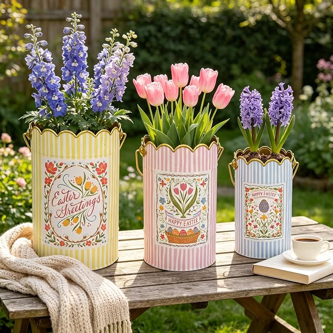 Set of 3 Vintage Spring Metal Planter with Handle, Decorative Floral Bucket Cute Striped Design Flower Pots for Garden & Home Decor