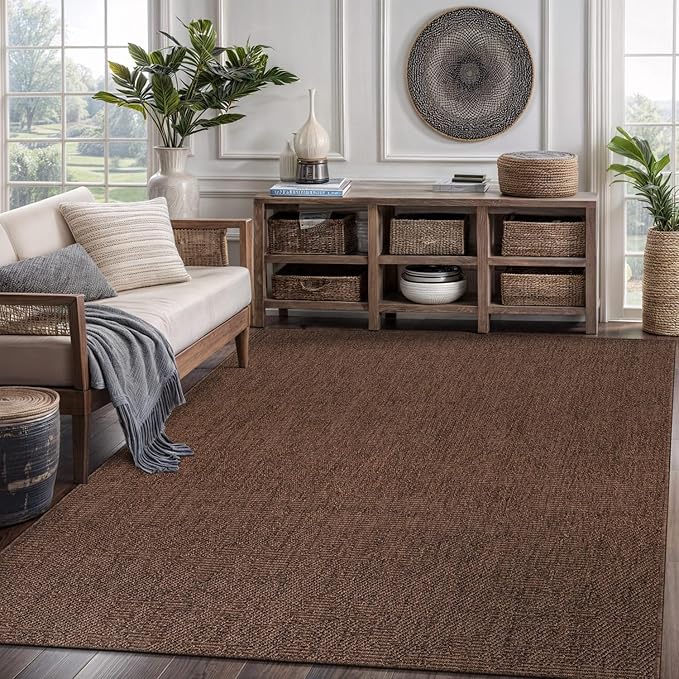 CAMILSON Easy Jute Rug 4x6, Indoor Outdoor Brown Color Fiber Area Rugs for Living Room Patio and Kitchen Rug, Solid Boho Woven Design, Easy-Cleaning, Washable Outside Carpet Alfombras (4 x 4)