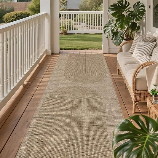 Outdoor Easy Jute Runner Rug: 2.5x8 Modern Natural Area Rugs for Front Patio Hallway Linen-Look Fabric Durable - Neutral Washable Mat for Entryway Kitchen Bedroom - Geometric Arch Pattern
