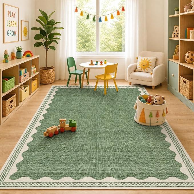 GarveeHome Scalloped Washable Rugs 5x7 Rug for Living Room, 5 x 7 Rug Solid Sage Green Modern Low-Pile Carpet for Bedroom Dining Nursery Non Slip Mat with Rubber Back
