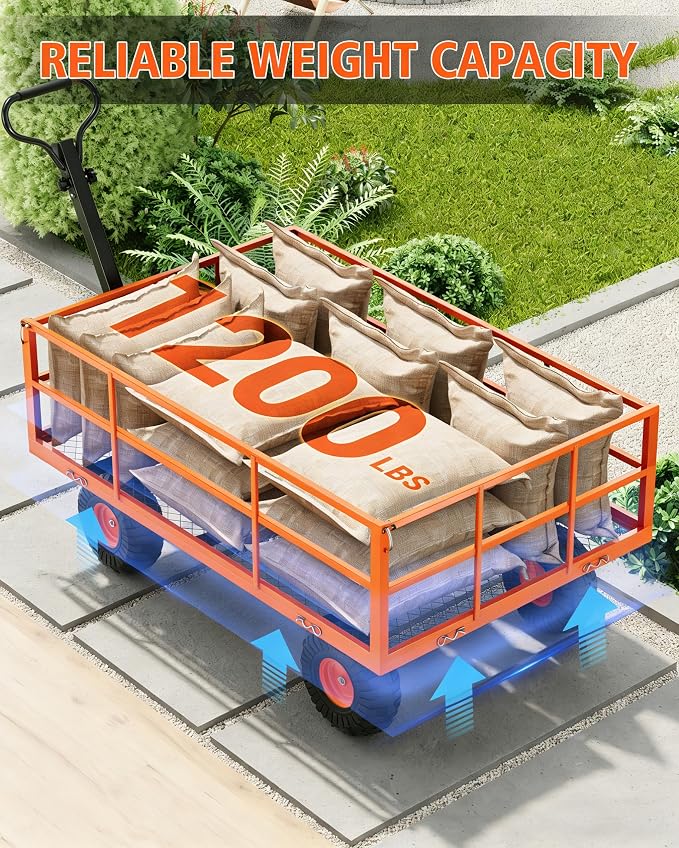 Garvee Steel Garden Cart, 1200 LBS Capacity Utility Outdoor Wagon, Heavy Duty Mesh Garden Wagon with Removable Sides, 2-in-1 Handle, 13" Tires for Yard, Lawn, Garden