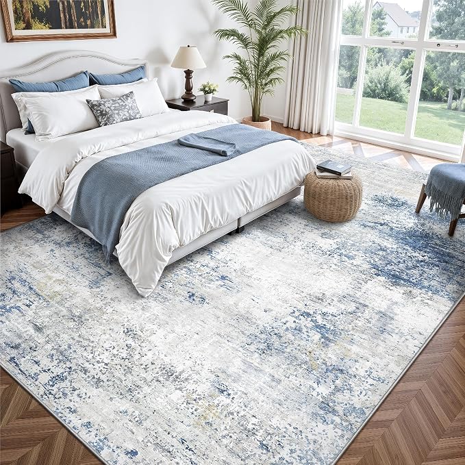 8x10 Area Rugs, Abstract Modern Ultra Soft Washable Rug, Non Slip Carpet with Rubber Back Stain Resistance Rugs for Living Room, Bedroom, Dining Room Decor(Blue & White)