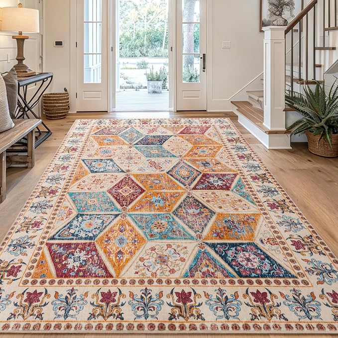 Moroccan Boho Floral Geometric Patchwork Washable 9x12 Large Rug | Vintage Distressed Non Slip Throw Carpet for Bedroom Livingroom Kitchen Hallway Entryway Office Dining Room Docer, Cream