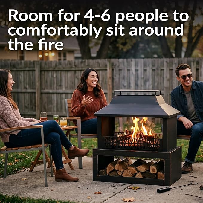 Sunnydaze Backyard Blaze 35-Inch H Heavy-Duty Steel Outdoor Fire Pit with Built-in Log Storage - Includes Protective Cover - Brushed Bronze