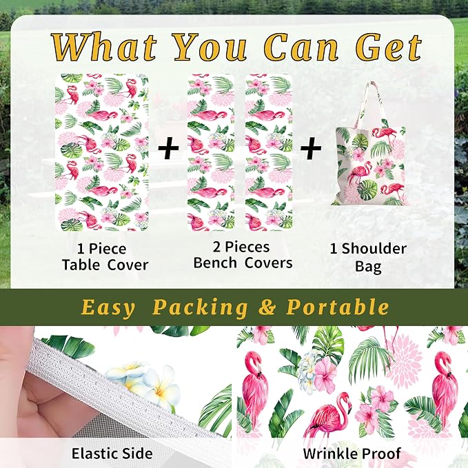 Picnic Table Cover with Bench Covers Elastic,Fitted Table Cloths for Rectangle Tables 6 Foot Washable,Waterproof Tablecloth for Outdoor Camping Essentials Accessories(6 Foot,Flamingo)