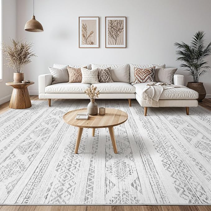 Tortania Area Rug Living Room Rugs - 9x12 Washable Large Soft Neutral Boho Moroccan Bohemian Farmhouse Rug Indoor Floor Carpet for Bedroom Under Dining Table Home Office Decor - Ivory Gray