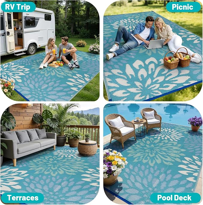 HEBE Waterproof Outdoor Rug 8x10 for Patios, Floral Reversible Plastic Straw Rug Patio Mat, Indoor Outdoor Carpet RV Mat Camping Rug for Deck, Camper, Porch, Balcony, Backyard, Picnic