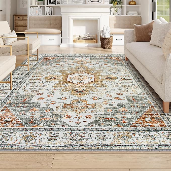 Moynesa Living Room Area Rug 9x12, Ultra-Thin Washable Large Rugs for Bedroom Under Dining Room Table, Vintage Oriental Medallion Printed Low Pile Carpet for Office Playroom Dorm, Beige/Gold
