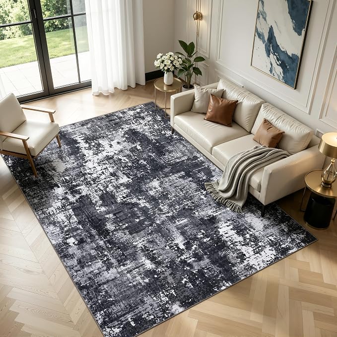 Sasttie 5x7 Washable Area Rug, Modern Abstract Carpet, Black & White | Ultra-Soft Faux Wool, Low Pile, Non-Slip, Lightweight, Thin, for Nursery, Living Room, Bedroom, Dinning Room & Dorm