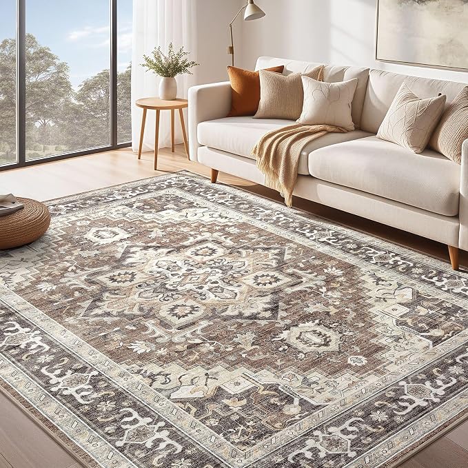 DTICON Vintage Washable 6x9 Area Rug Living Room Rugs, Dark Brown | Boho Distressed, Pet & Kid Friendly, Non-Slip Backing, Soft Polyester, Low-pile Carpet for Living Room, Bedroom, Dining Room