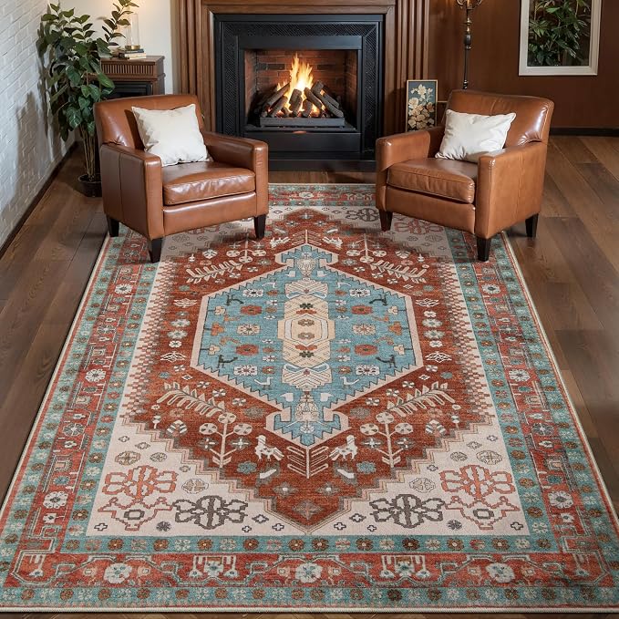 Ciicool Washable 3x5 Area Rug,Boho Non-Slip Indoor Mat for Entryway Kitchen | Oriental Low-Pile Soft Vintage Boho Indoor Entry Carpet for Bedroom Bedside Living Room Laundry Dining Room