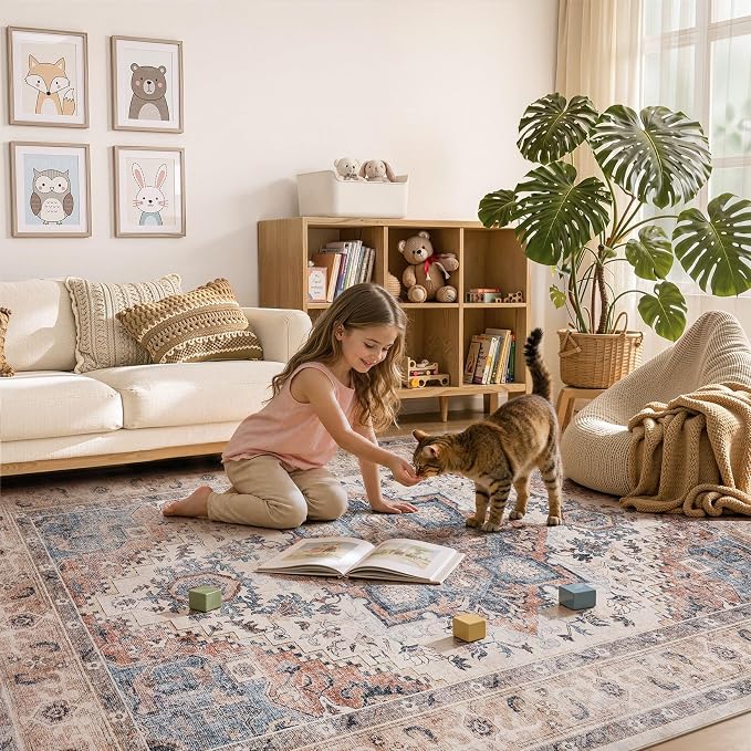DTICON Vintage Washable 12x15 Area Rug Living Room Rugs, Camel | Boho Distressed, Pet & Kid Friendly, Non-Slip Backing, Soft Polyester, Low-pile Carpet for Living Room, Bedroom, Dining Room