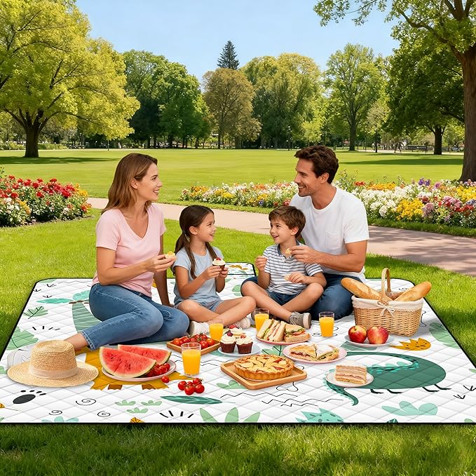 Extra Large Picnic Blanket Waterproof,80"x 80"Foldable Machine Washable Beach Blanket,Outdoor Blanket for 6-8 Adults,Suitable for Indoor Crawling,Park Beach,Camping,Hiking,Family Travel(Dinosaur)