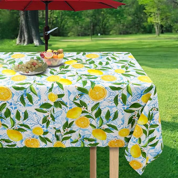 Outdoor Tablecloth with Umbrella Hole and Zipper, Rectangle Patio Table Covers for Spring/Summer, Machine Washable Outdoor Picnic Table Cloth (Lemon, 60" × 84" Rectangular)