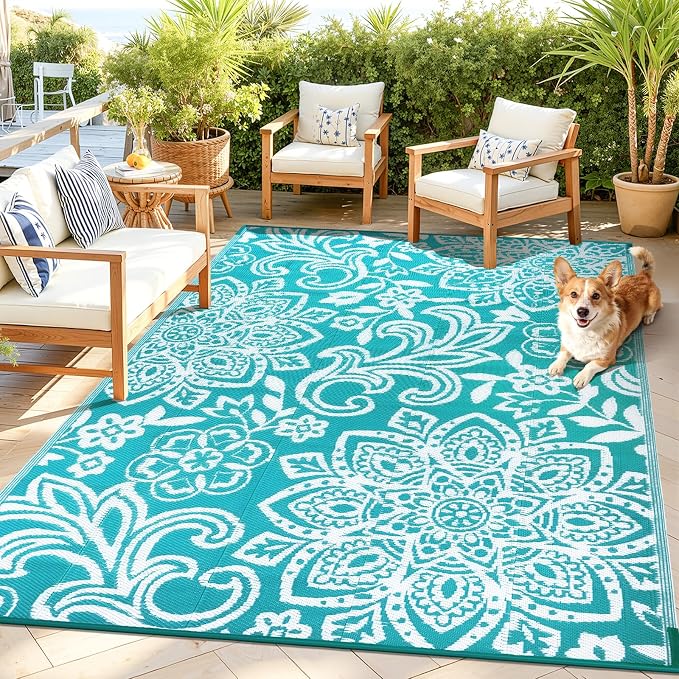 Findosom Waterproof Outdoor Rug 5' x 8' - Reversible Mandala Outdoor Plastic Straw Rug, Durable Foldable Patio Rug for RV, Deck, Balcony, Backyard, Picnic, Porch, Camping, Beach, Blue