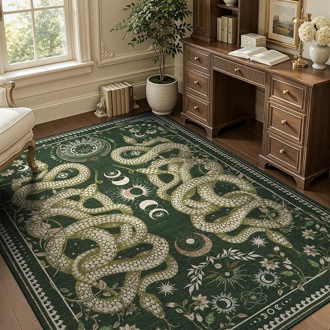 DCX 6x9 Washable Snake Rug for Living Room, Non Slip Low Pile Rug, Dark Green