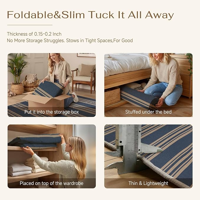 PureCozy Striped Easy Jute Rug 6x9 Blue Living Room Carpet Washable Non Slip Bedroom Office Rug Farmhouse Neutral Non Shedding Indoor Outdoor Large Carpet for Kitchen Dining Room