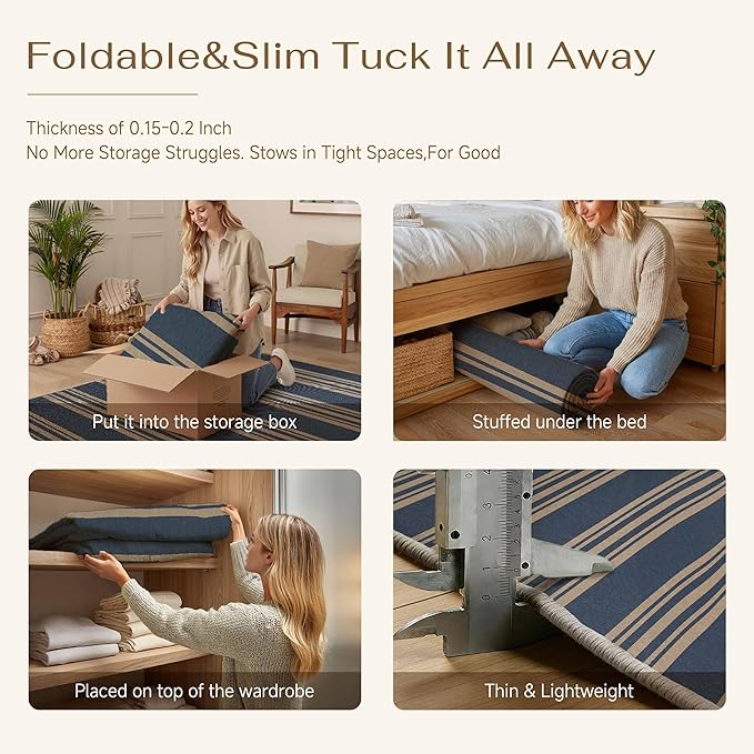 PureCozy Striped Easy Jute Rug 4x6 Blue Entryway Carpet Washable Non Slip Office Door Mat Farmhouse Neutral Non Shedding Small Indoor Outdoor Rug for Bathroom Kitchen Bedroom Living Room