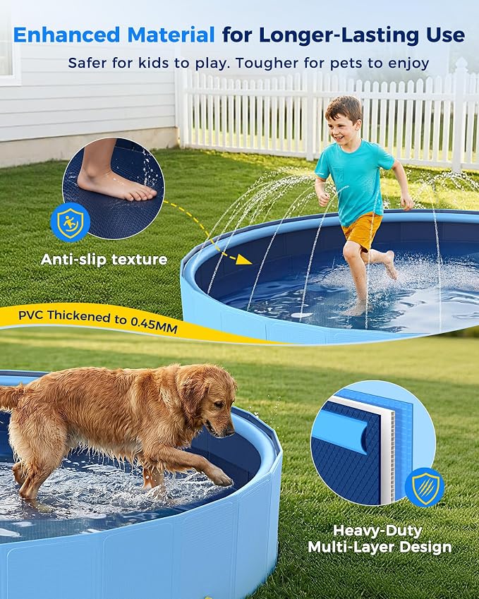 VISTOP 107" Foldable Dog Pool with Sprinkler, Extra Large Kiddie Pool for Kids & Pets, Non-Slip Hard Shell Collapsible Backyard Splash Pad for Outdoor Summer Water Play