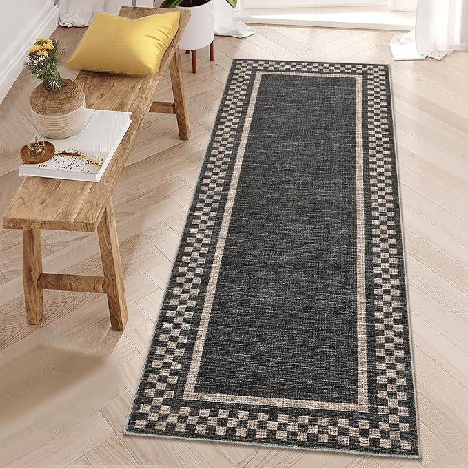 GarveeHome Rug Runners for Hallways 2x8 Washable Kitchen Runner Rug | Non Slip Low Pile Throw Carpet Modern Bordered Checkered Area Rug for Living Room Bedroom Entryway Nursery, Black