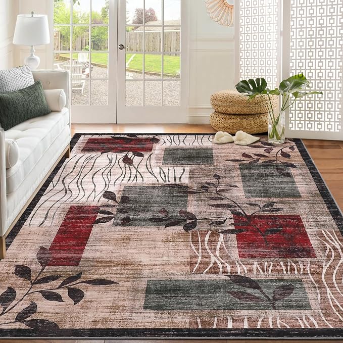 GarveeHome Washable 5x7 Rug Modern Geometric Floral Rug Machine Washable Non-Slip Carpets for Living Room Bedroom Kitchen Dining Room, Low-Pile Non-Shedding Floor Carpet Brown Red 5x7