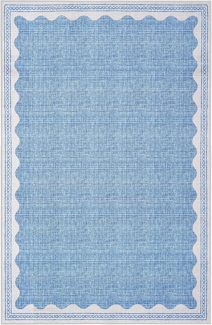 GarveeHome 4 x 6 Rug Non-Slip Washable Low-Pile Carpet - Scalloped Solid Blue Modern Minimalism Rugs for Bedroom Living Room Nursery Kitchen Entryway Indoor Mat with Rubber Back