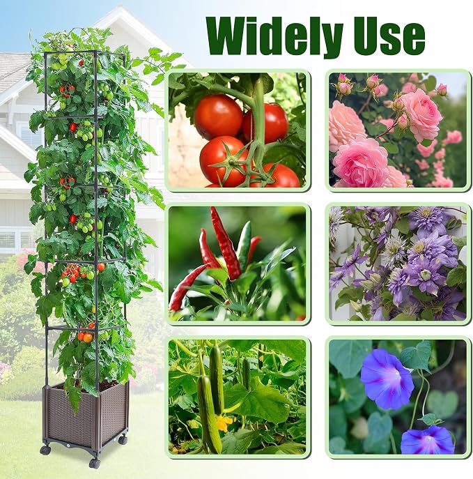 Quibbay Raised Garden Bed Planter Box with Trellis, 74" Self-Watering Tomato Planters for Climbing Plants Vine Flowers Outdoor Patio, Tomatoes Cage with Wheels, 1Pack