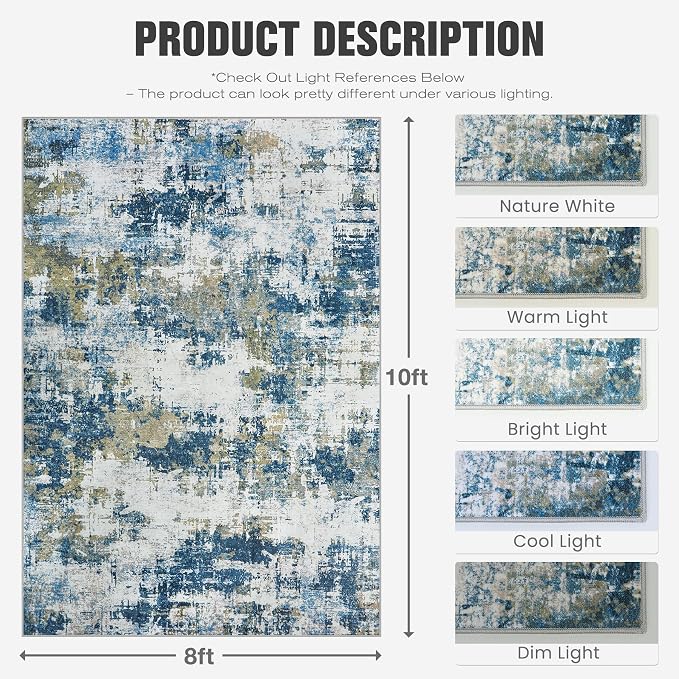 8x10 Area Rugs for Living Room: Washable Soft Blue Abstract Bedroom Carpet | Non-Slip TPE & Stain Resistant,0.25" Low-Pile,Kids Pet Friendly Modern Decor for Dining Room Farmhouse Office, Non-Shedding