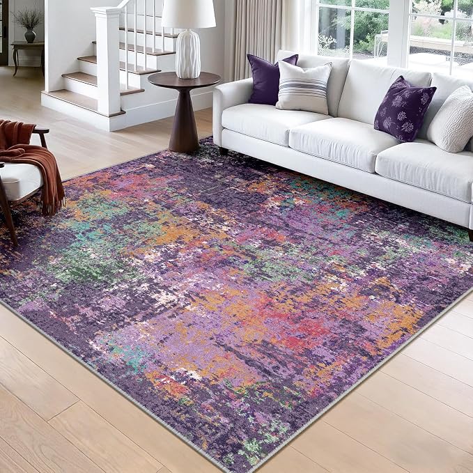 RELEANY Washable Square 8'x8' Area Rug for Living Room Purple Multi | Carpet for Bedroom, Kitchen, Office, Hallway and Entryway, Printed Pattern, Non‑Slip, Soft, Stain‑Resistant, Easy to Clean