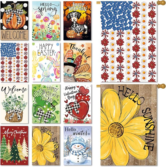 Seasonal Garden Flags Set of 12 Double Sided 28 x 40 Inch Large Yard Flags, Large House Flags for Outside, 4th of July Fall Winter Halloween Christmas Outdoor Flags, Holiday Garden Flags for All Seasons