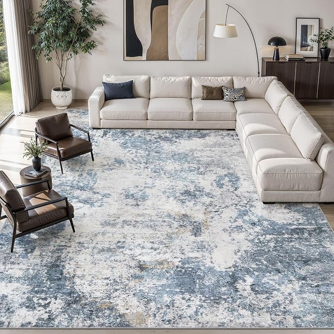 DMOYEST 10x14 Area Rug for Living Room Washable Abstract Indoor Carpet | Neutral Modern Low Pile Rugs Kid & Pet Friendly Large Soft Thin Carpet for Bedroom Dining Room - Blue