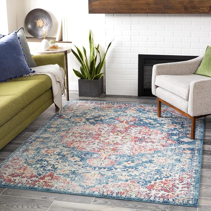 Livabliss Area Rugs - 8x10 Odelia Vintage Boho Blue Off-White Saffron Area Rug for Living Room Bedroom - Floral Medallion Stain Resistant Carpet for Kitchen, Nursery, Office (7'10" x 10')