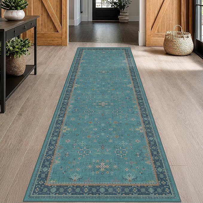Teal 10ft Long Hallway Runner Rug - 3 x 10 Runner Rug, Boho Washable 3x10 Kitchen Floor Mat - Vintage Eclectic Boho Design Décor