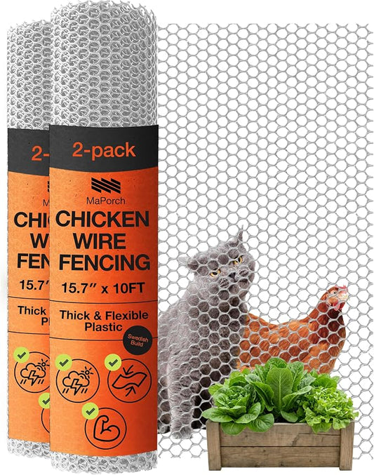 Maporch Plastic Chicken Wire Fencing for Pet Protection - 15.7" x 10ft, HDPE White Chicken Wire - Garden Fence Animal Barrier for Dogs, Cats and Rabbits (2-Pack) | 15.7" x 10ft - HDPE Home and Garden Netting - UV Resistant - Customizable Balcony Barrie...