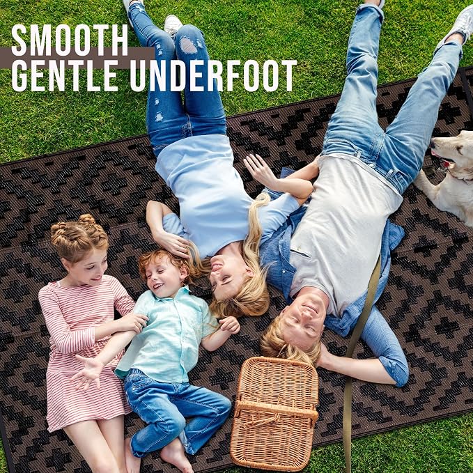 OLANLY Waterproof Outdoor Rug 9x12 ft, Outdoor Plastic Straw Rug for Camping, RV Mat Outside, Outdoor Carpet for Porch, Deck, Backyard, Balcony, Picnic, Black & Brown