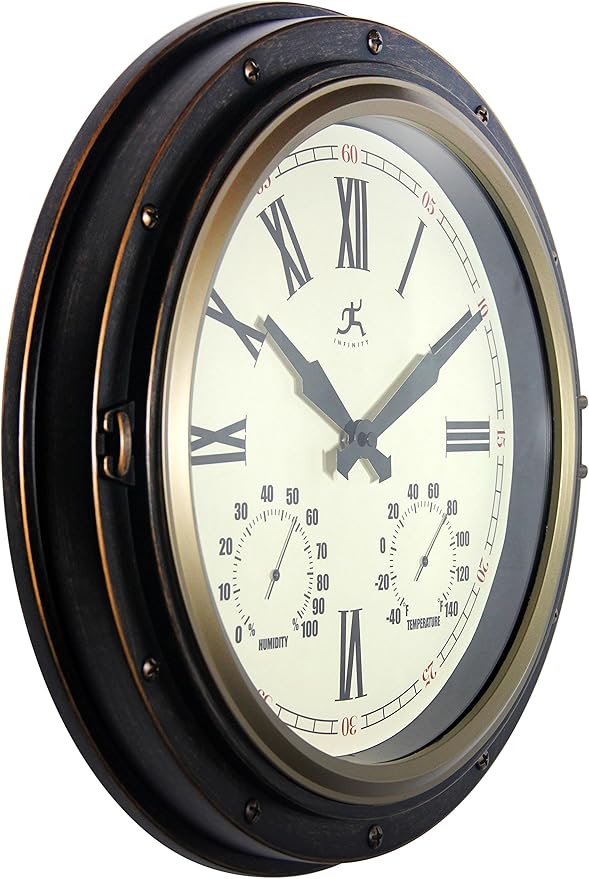 Infinity Instruments Forecaster Indoor/Outdoor Wall Clock, Thermometer, Hygrometer combo, Stylish Durable Waterproof Weather Station for your Home, 16 Inch, Bronze
