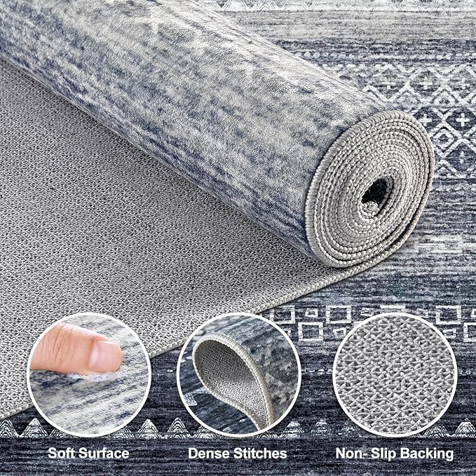 Nakagishi Boho 8x10 Area Rug Living Room Rugs Machine Washable Blue | Soft, Pet & Kid Friendly, Carpet for Living Room/Bedroom/Office/Kitchen/Nursery, Daily Home Decor Stain Resistant Moroccan