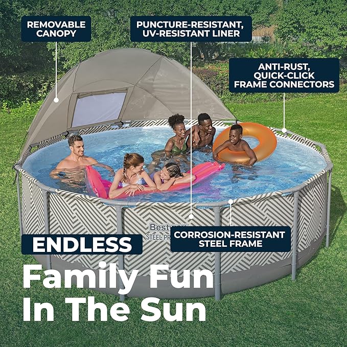 Bestway Steel Pro MAX 13' x 42" Above Ground Swimming Pool Set with Pump | Durable Round Metal Frame Outdoor Backyard Pool, Puncture-Resistant Liner - Canopy, Ladder, and Cover Included, Taupe