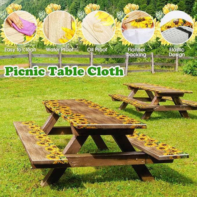 Boao 3 Pcs Vinyl Picnic Table Cover with Bench Cover 6 ft 30 x 72 Inch Waterproof Fitted Tablecloth Flannel Backing Rectangular Elastic Edged for Camping Outdoor Patio Travel(Retro Sunflower)
