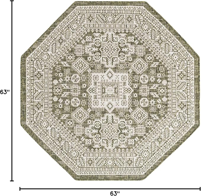 Unique Loom Outdoor Aztec Collection Area Rug - Chalca (5' 3" Octagon, Green/ Ivory)